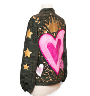 Upcycled Camo Jacket with Hand-Painted Heart – One of a Kind Wearable Art