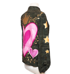 Upcycled Camo Jacket with Hand-Painted Heart – One of a Kind Wearable Art