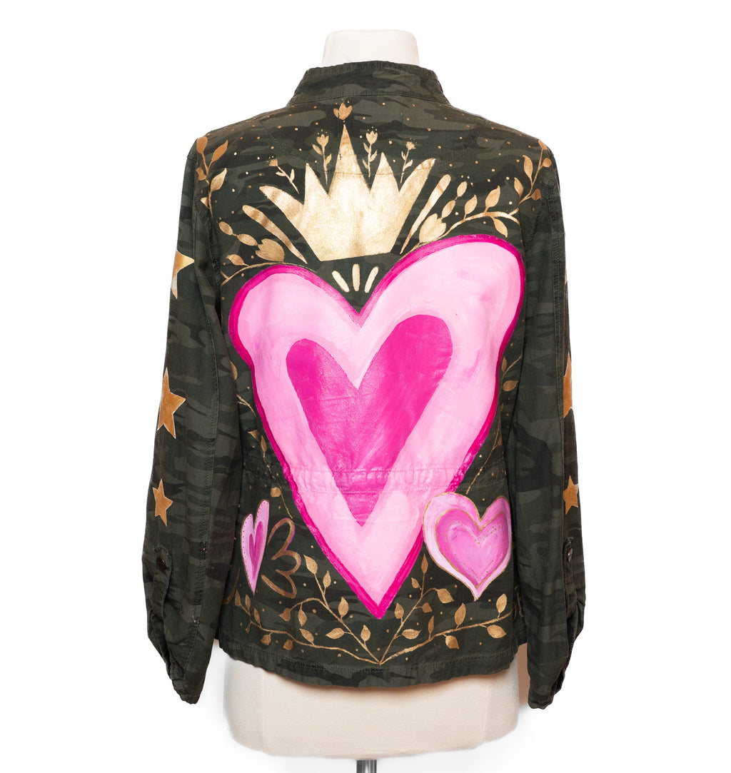 Upcycled Camo Jacket with Hand-Painted Heart – One of a Kind Wearable Art